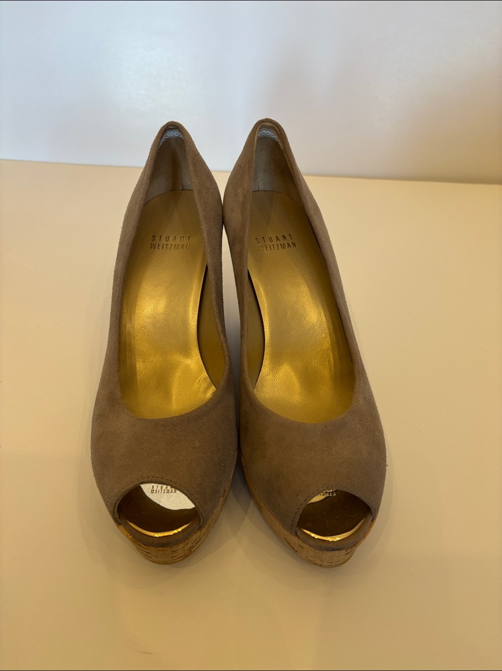 Stuart Weitzman suede peep toe cork wedge